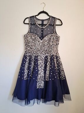 Goddiva Navy Blue and Silver Sequin Prom Dress